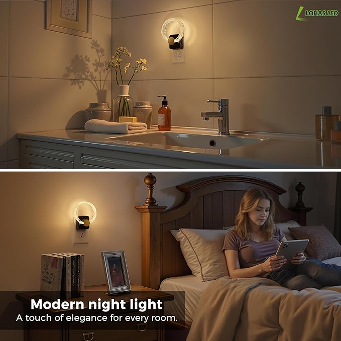 L LOHAS LED Night Lights Plug into Wall, 2 Pack Plug in Night Lights with Light Sensor, 3000K Soft White, 0-100LM Brightness Adjustable, Acrylic Nightlight for Bathroom Bedroom Hallway