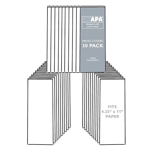 Ilyapa 30 Pack of Menu Covers 4.25 x 11 - Single Page, 2 View, Restaurant Menu Covers, 4.25x11 Clear Plastic Sleeves, Transparent Viewing Surfaces
