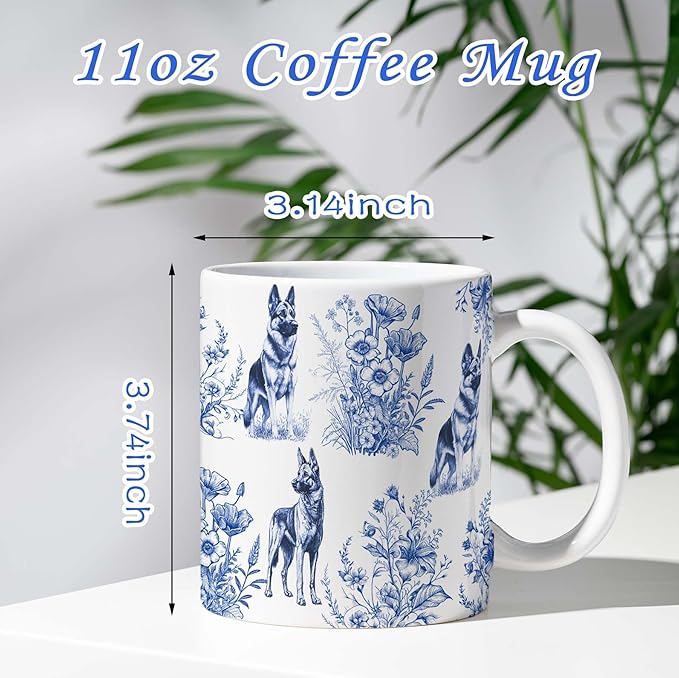 German Shepherd Blue French Toile Coffee Mug, German Shepherd Lover Gifts for Women, Blue Toile Mug Cup for Dog Mom, Dogs Lovers Tea Coffee Drinkware Birthday Gifts for Dog Owners, 11 oz
