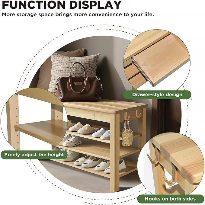 Shoe Storage Bench Wood Entryway: Shoe Rack Bench with Drawer 3-Tiers Height Adjustable,Rustic Wooden Organizer for Front Door Entrance Hallway Living Room,Mudrooms (Natural 3-Tiers, 31.5)