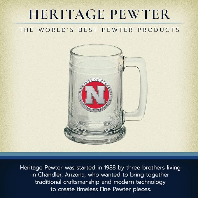 Heritage Pewter Nebraska Cornhuskers Stein Glass | 15 Ounce German-Style Glass | Intricately Crafted Metal Pewter Alma Mater Inlay