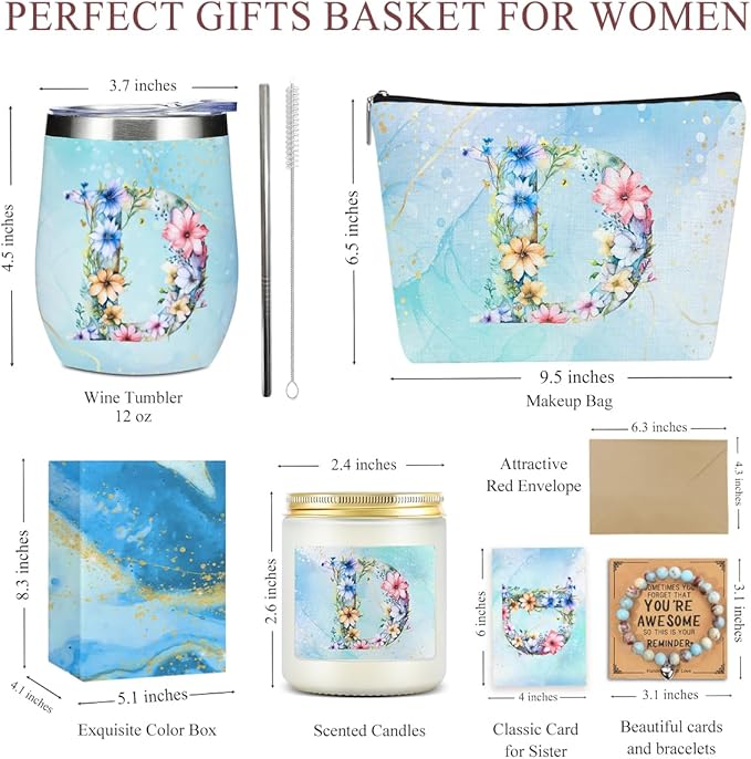 Personalized Gifts Monogrammed Birthday Gifts for Women, Niece Auntie Boss Teacher Appreciation Christmas Initial Wine Tumbler Makeup Bag Scented Candle Bracelet Set, (Aesthetic Blue Flower D)