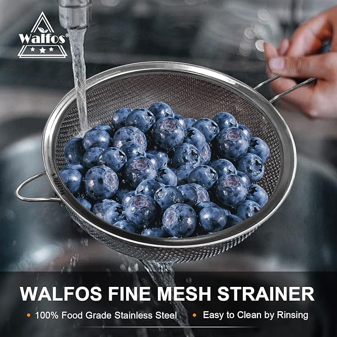 Walfos Fine Mesh Strainer Set of 3, Stainless Steel Wire Strainers for Kitchen, Multipurpose Metal Fine Sieve with Handle, Perfect for Food, Rice, Quinoa, 2.7", 4.6", 7"