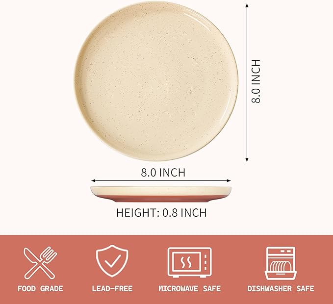 GZG Ceramic Dinner Salad Plates Set of 4, 8 Inch Speckled Dinnerware Dessert Plates with Clay-Tone Base, Microwave Oven Dishwasher Safe