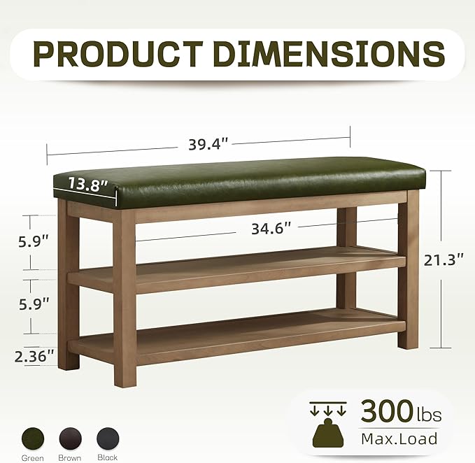 Shoe Rack Bench with Leather Cushion, 2 Tier Solid Wood Storage Bench, Mid-Century Modern Shoe Bench for Entryway, Hallway, Closet, Front Door Entrance, Foyer (Green, 39.4")