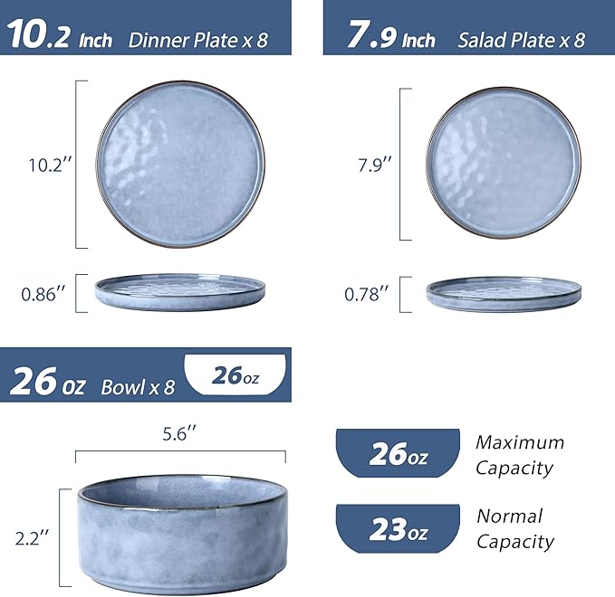 LIANYU 24 Pcs Plates and Bowls Dinnerware Sets for 8, Stoneware Dinner Dish Set, Dishware for Dessert Salad Pasta, Microwave & Dishwasher Safe, Serenity Blue