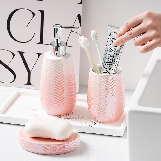 Pink Bathroom Accessories Set, 3 Pcs Ceramic Bathroom Decor Contain Toothbrush Holder,Soap Dispenser, and Soap Dish.
