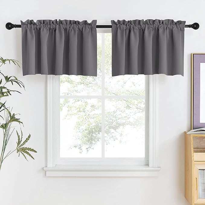 NICETOWN Curtain Valances for Windows Modern Adjustable Rod Pocket Valances Window Treatments Short Curtains for Kitchen Windows Bathroom Bedroom, 52 x 18 inches + 1.6 inches Header, Grey, 2 Panels