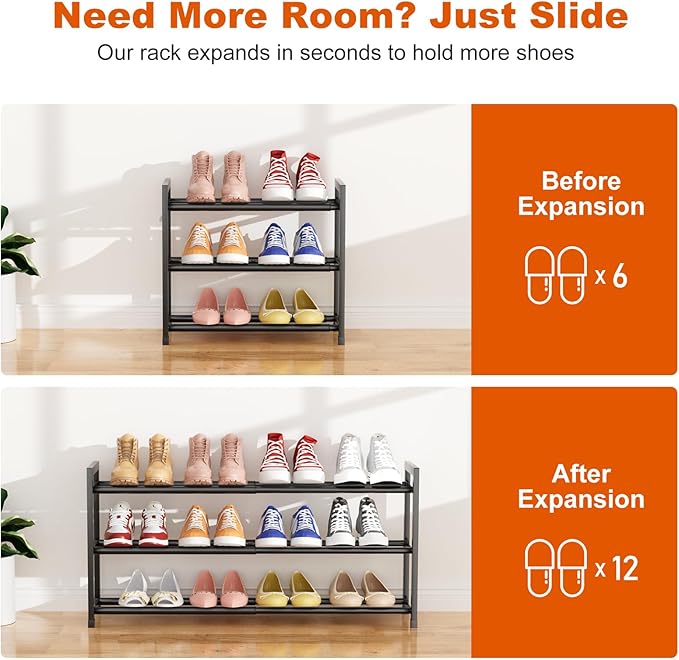 Expandable Shoe Rack for Closet Adjustable Metal Shoe Rack for Entryway 18.5"-33" Free Standing Shoe Organizer 12 Pairs with Hooks 3-Tier Small Shoe Shelf for Bedroom Garage Dorm Floor, Black