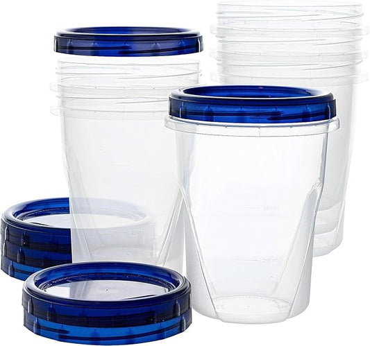 Series 5 Pack 32 ounce Reusable Small Plastic Freezer Storage Container Twist Top Deli Jars with Screw Lid for Food Round Wide Mouth Lunch Snacks Cup, Freezer, Dishwasher Safe (Blue)