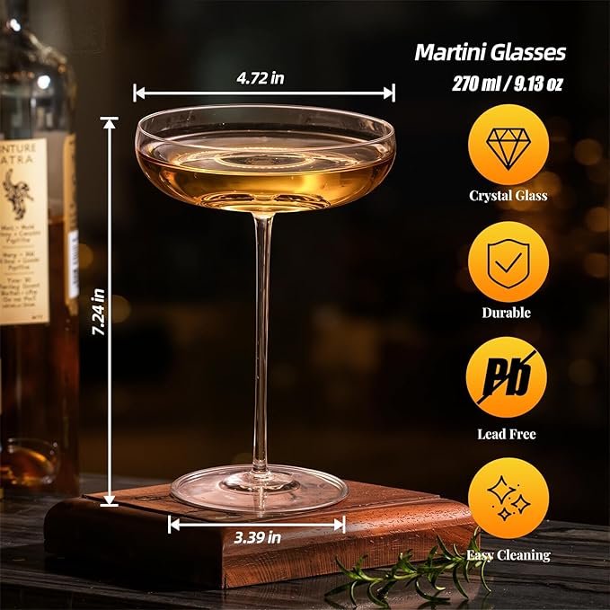 KAMMAK Martini Glasses Set of 2, 9.13 oz Clear Crystal Cocktail Glasses with Stem, Reusable Cocktail Glassware for Wedding Birthday Party, Bar, Margarita, Whiskey, Gin, Tequila, ZL-BF409