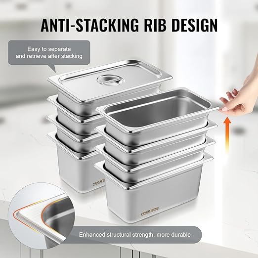 VEVOR 8 Pack Hotel Pans with Lids, 1/3 Size Anti-Jam Steam Pan, 0.8mm Thick Stainless Steel Steam Table Pan, 6-Inch Deep Commercial Table Pan, Catering Storage Food Pan, for Industrial & Scientific