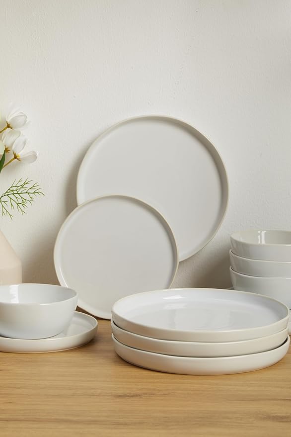 FOBENT Minimalist Dinnerware Set,24 Piece Fog White Plates and Bowls Set for 8 – Sculpted Ceramic Dish Sets for Gatherings with Grace