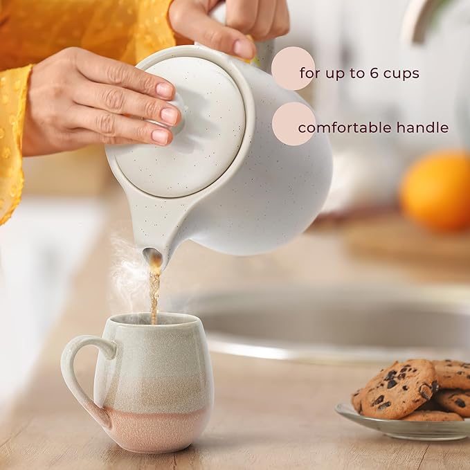Ceramic Teapot with Infuser - 40 oz Large Teapot with Strainer - Tea Pot Ceramic for Loose Tea - Ceramic Tea Pots for Tea (Warm Grey/Beige)