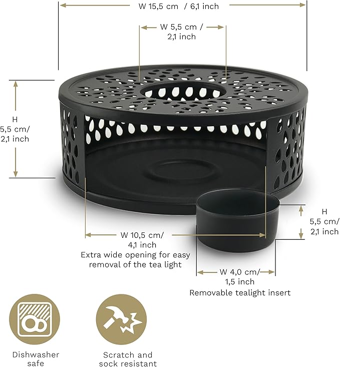 Creano Black Stainless Steel Tea Warmer with Tea Light Holder - Tea Cosy - Stable Not Rattling - Rechaud Suitable for All Teapots
