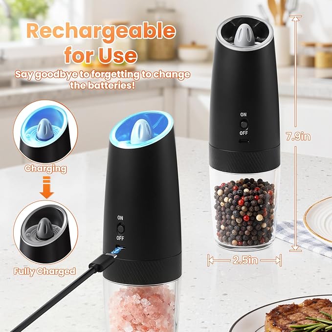 Gravity Electric Salt and Pepper Grinder Set with LED Light, Automatic Rechargeable Pepper Mill Grinder, Adjustable Coarseness for Peppercorn, Large Capacity for Home, Kitchen, 2 Pack