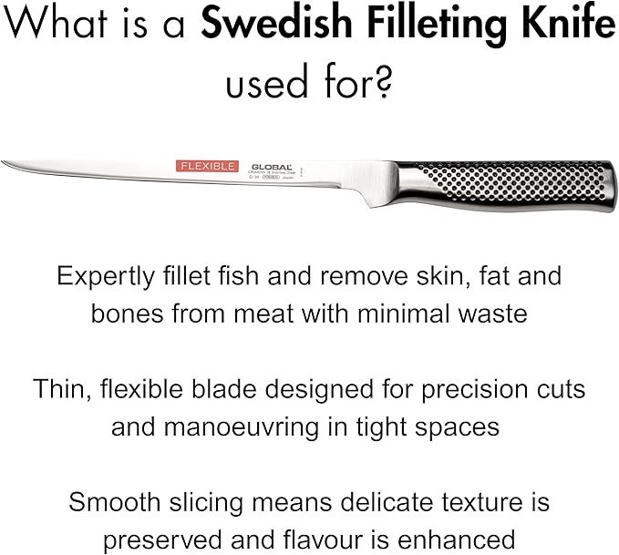 Global 8 inch Flexible Swedish Fillet Knife - Lightweight Japanese Stainless Steel, Razor-Sharp Edge, Made in Japan, G-30