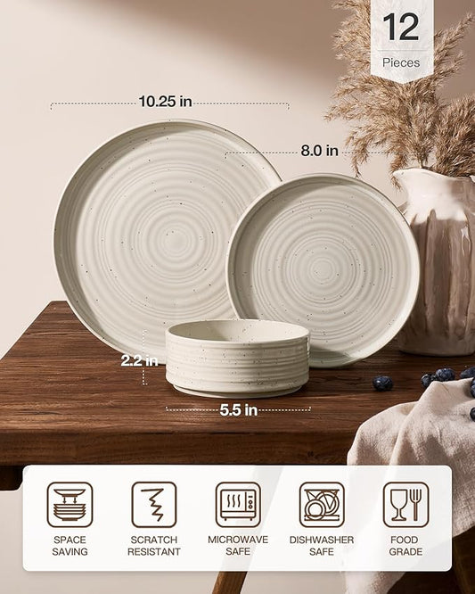 Stoneware Dinnerware Sets, Dish Set for 4, 12 Pieces Spiral Dishware Set with Straight Rim, Speckles & Reactive Glaze - Microwave and Dishwasher Safe Tableware, Shell Beige