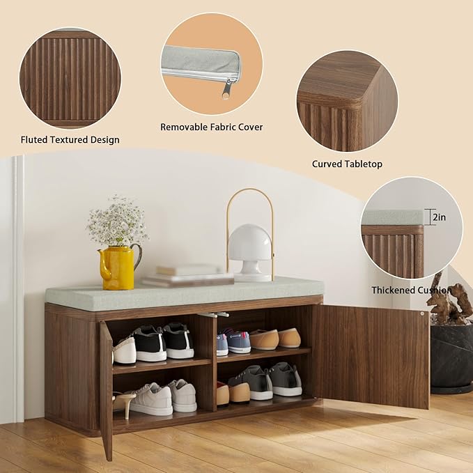 Entryway Shoe Storage Bench with 2" Cushion, 37.4" Small Bench with Shoe Rack, Cabinet Organizer for Hallway，Bedroom End of Bed,Walnut