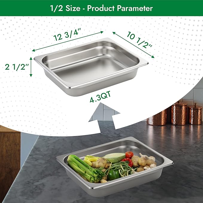 HECMAC 6 Pack Anti-Jam Hotel Pans, 1/2 Size 2 1/2 Inch Deep, Commercial Stainless Steel Chafing Steam Table Pan, Catering Storage Metal Food Pan, 23 Gauge