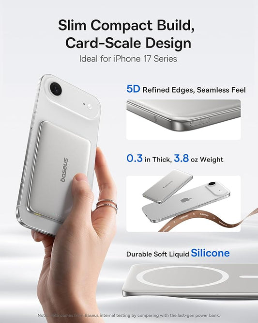 Baseus Picogo Power Bank, 0.3" Ultra Slim 5000mAh MagSafe Battery Pack, Upgraded Polished Alloy Magnetic Portable Charger, Wireless Charger with USB-C Cable for iPhone 17 Pro Max/17 Air/16/15/14/13/12