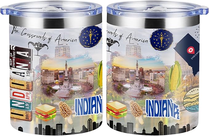 12oz Coffee Mug Indiana State Insulated Coffee Cups, United States Map Travel Mug Landmark, Birthday Gifts Cute Mugs with Lid and Straw Mothers Day Gifts