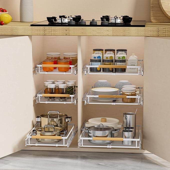 SANNO Pull Out Cabinet Organizer, Cabinet Shelf Kitchen Under Sink Shelf, Expandable Drawer Shelves with Sliding, Steel Metal Cabinet Drawers Slide Out, Chrome Finish