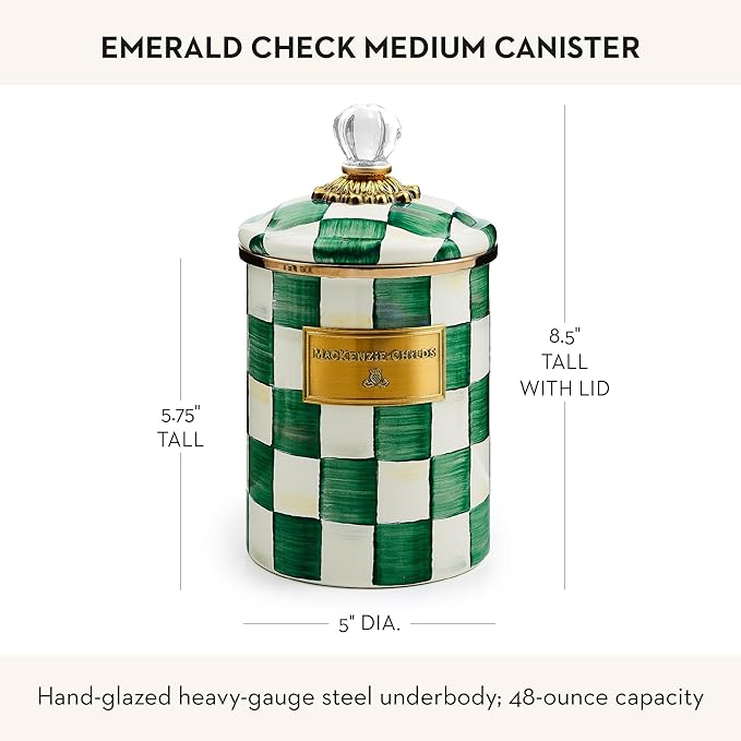 MACKENZIE-CHILDS Medium Enamel Canister, Kitchen Storage Container with Lid, Green-and-White Emerald Check