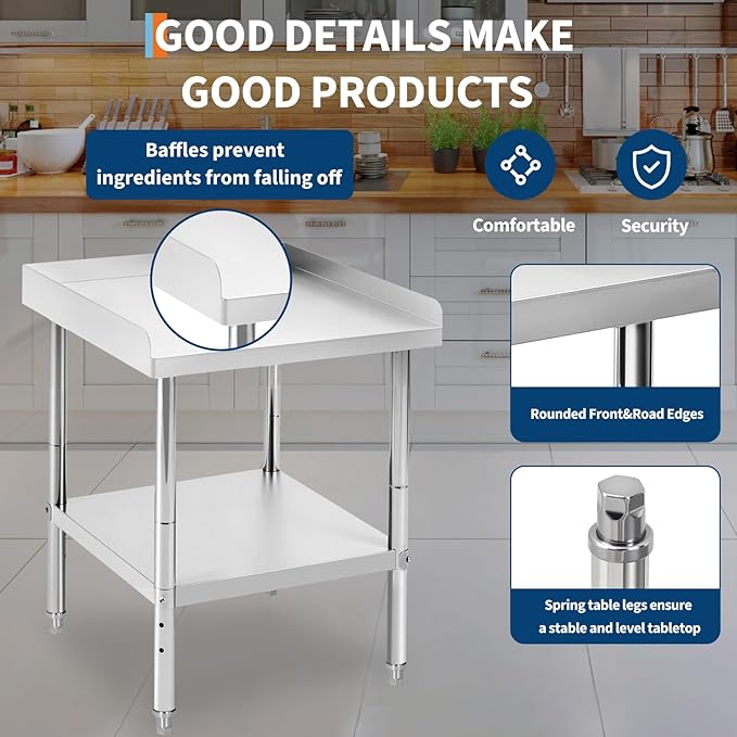 12x24x30 in Stainless Steel Equipment Grill Stand Table 400 LBS Capacity NSF Certified with Adjustable Legs, 2 in Edge Baffle, for Hotel, Home, Commercial Restaurant Kitchen