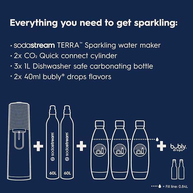 SodaStream - Terra Sparkling Water Maker | VALUE BUNDLE | CQC CO2 system | Includes 2x CO2 Cylinders, 3x 32 Fl Oz Dishwasher Safe Bottles, 2x Bubly Flavor Drops | Combine with Pepsi Flavors | White