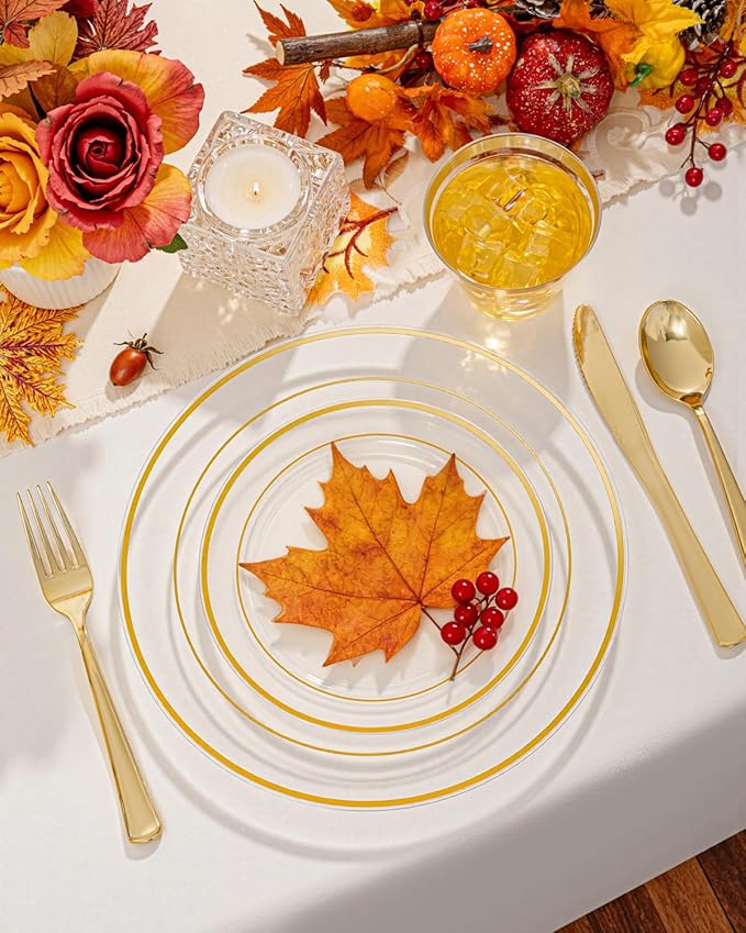 bUCLA 150Pcs Clear Gold Plastic Dinnerware Set - Clear and Gold Disposable Plates Include 25 Dinner / 25 Dessert Plates,25 Knives,25 Forks,25 Spoons,25 Cups for Party