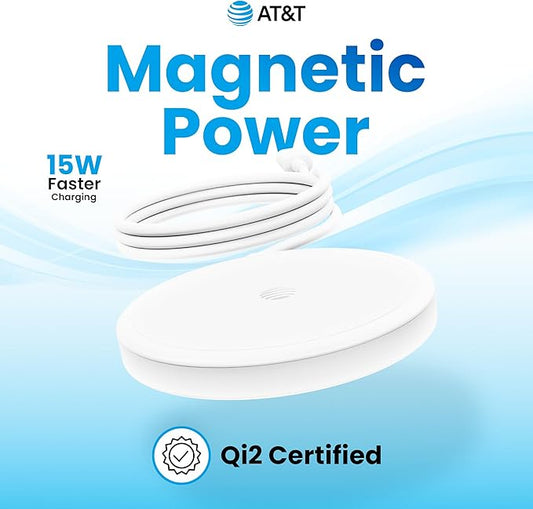 AT&T Qi2 Magnetic Charging Pad – Compact MagSafe Compatible Wireless Charger for iPhone 16/15/14 & Apple Watch – Built-in 4ft USB-C Cable – Nightstand & Travel Ready – White