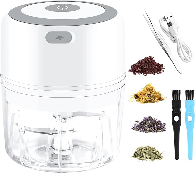 Electric Herb Grinder, 3.5 Inch Large Grinders for Grinding Dry Fresh Herbs and Spice with Clear Chamber, Portable USB Charge Herb Grinder, Including Clean Brush and Tweezers, Gift Box, White