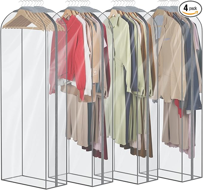 Zilink Breathable Fur Coat Storage Bags 60" Dress Bags for Gowns Long Mink Coat Storage Bag for Hanging Clothes with 10" Gussted Wrinkle Free for Leather Jacket Fur Puffy Dress, Set of 4