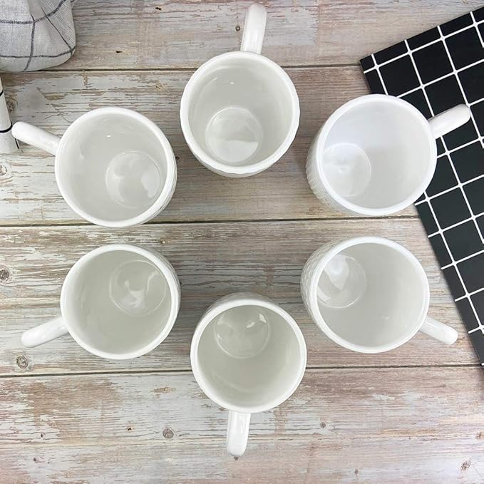 Schliersee 16 OZ Coffee Mugs Set of 6, White Ceramic Coffee Mug, Geometric Pattern Coffee Cups for Latte, Tea, Cappuccino, Mocha, Cocoa, Espresso cups