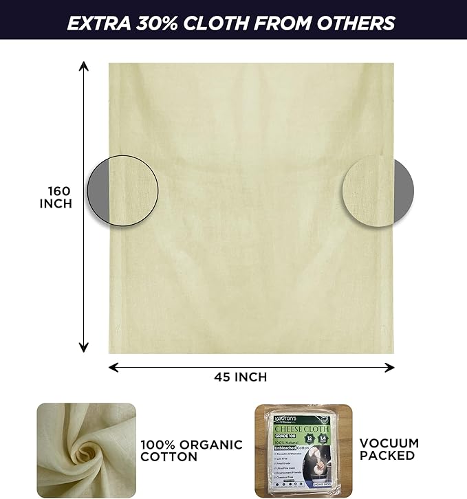 100% Unbleached Cheese Cloths - Grade 100-50 Sq Feet - 5.5 Sq Yards Organic cheesecloth For Straining -Reusable Washable Ultra Fine Cheesecloth for Turkey Straining, Cooking, Baking, Cheese Making
