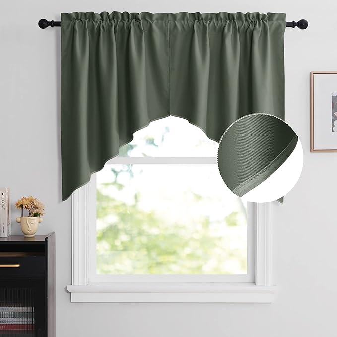 NICETOWN Short Curtains for Small Windows, Thermal Insutaled Room Darkening Farmhouse Curtain Shade for Kitchen Rod Pocket Swag Curtain for Living Room, 2 PCs, 36" x 36" x 18" per Panel, Dark Mallard