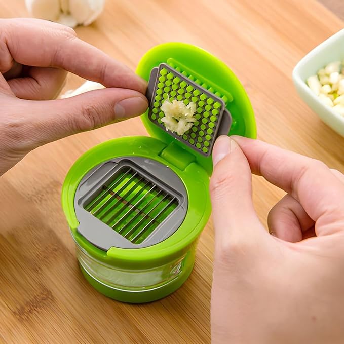 Garlic Chopper with Storage Container, Manual Garlic Press, Portable Ginger Press Crusher Mincer, Manual Food Processor Vegetable Chopper