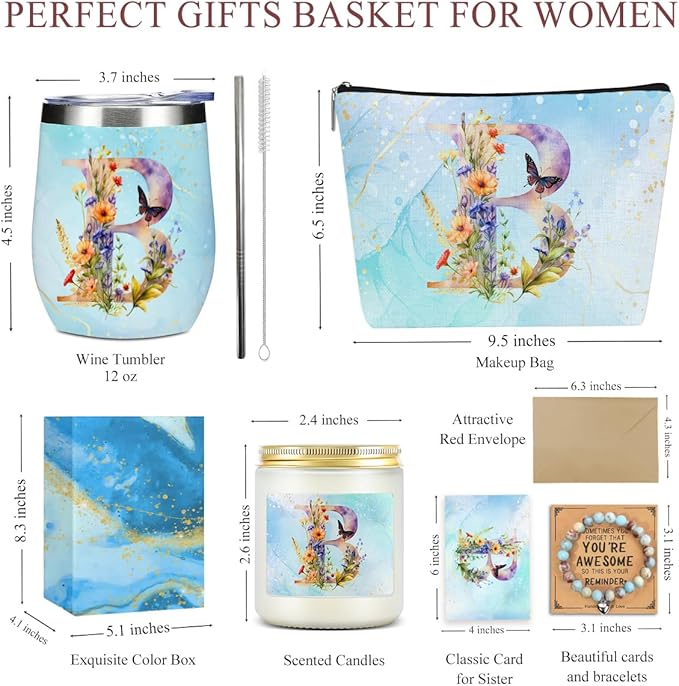 Personalized Gifts Monogrammed Birthday Gifts for Women, Sister Cowerker Mom Boss Day Christmas Appreciation Initial Wine Tumbler Makeup Bag Scented Candle Bracelet Set, (Aesthetic Blue Flower B)