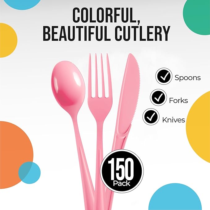 Party Solids Pink Plastic Silverware Heavy Duty 150 Pieces Pink Disposable Silverware Heavy Duty, Utensil Sets, 50 Of Each Forks, Knives & Spoons Disposable Cutlery Set For Party Supplies