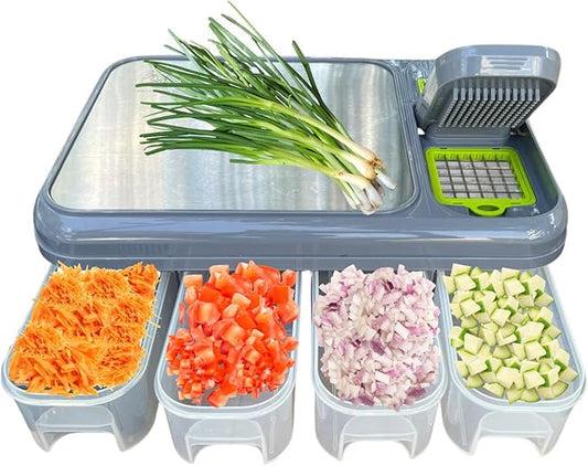 “28PCS Ultimate Vegetable Chopper Set – Multifunctional Food Processor with Large Container, Sharp Stainless Steel Blades & Hand Guard for Quick, Safe, Effortless Slicing, Dicing & Grating”
