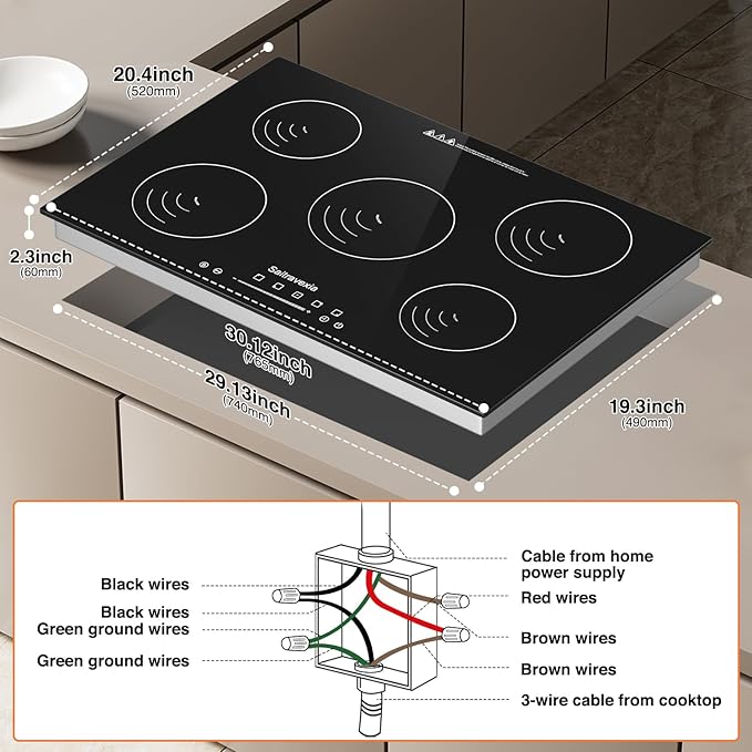 30 Inch Induction Cooktop 5 Burners, 7200W Built-in Induction Stovetop, 5 Power Boost Burners Electric Cooktop, Child Lock, 9 Power Levels, Timer, Touch Control 220-240V Hard Wire