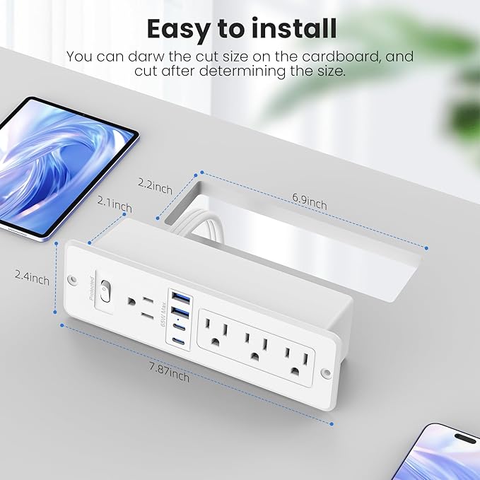 65W GaN USB C Recessed Power Strip, 4 AC Outlets & 2 USB-C PD + 2 USB-A QC, Flush Mount Hidden Charger Station for Desk Drawer Home Office Furniture