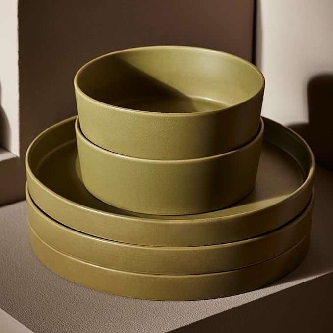 Stone by Mercer Project MODAN 12-Piece Stoneware Dinnerware Set, Plates and Bowls Sets, Dish Set for 4, Green