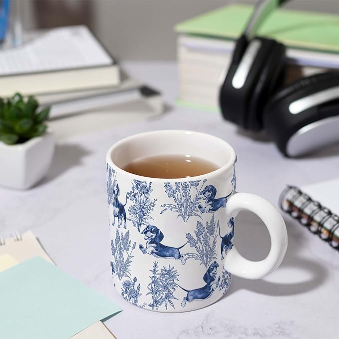Dachshund Blue French Toile Coffee Mug, Dachshund Lover Gifts for Women, Blue Toile Coffee Cup for Weiner Mom, Dog Lovers Tea Coffee Mug Birthday Gifts for Sausage Dog Owners, 11 oz