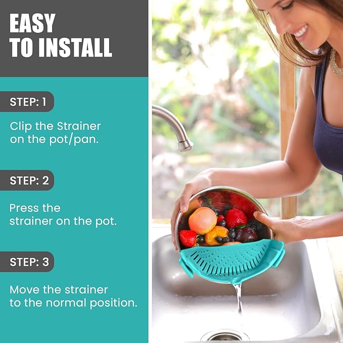Clip On Kitchen Food Strainer for Spaghetti, Meat, Pasta, & Ground Beef Grease, Colander & Sieve Snaps or Clips Onto Bowls, Pots & Pans Includes Silicone Drainer, Brush & Garlic Peeler (Aqua)