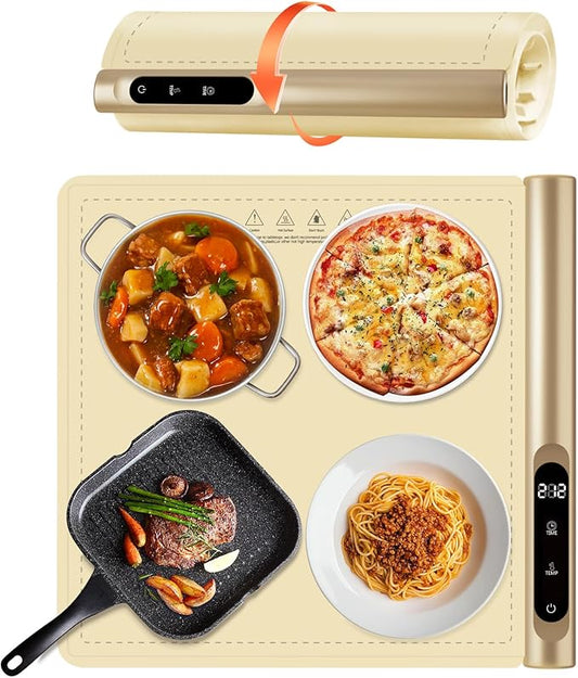 Upgrade Graphene Warming Mat for Food, Electric Warming Tray Rapid Heating with 6 Temps &Timer Settings, Portable Food Warming Mat for Countertop Buffets Party, Beige