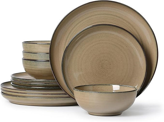 Ceramic Dinnerware 12 Pieces Dinnerware Sets Cereal Bowls Reactive Change Glaze Dish Sets, Modern Stoneware Dishe