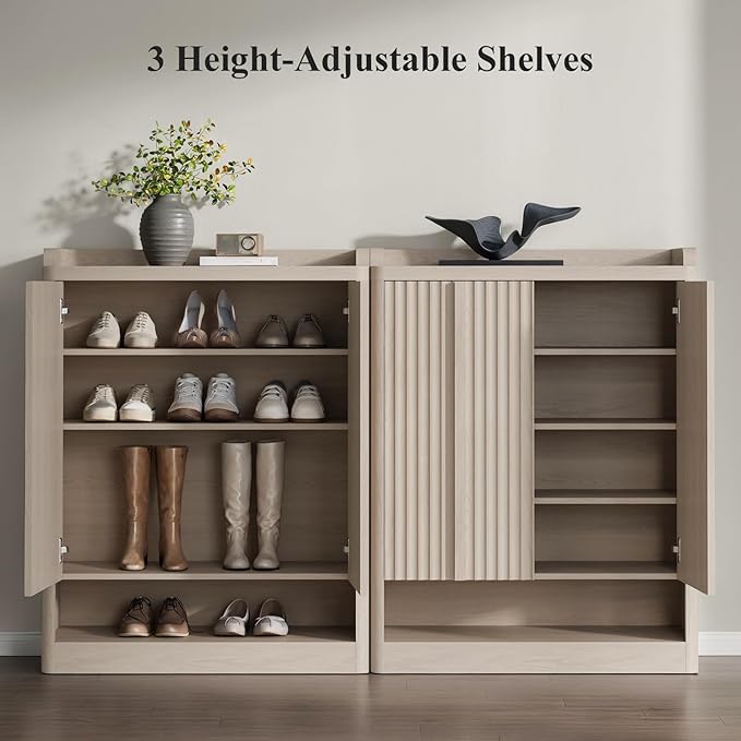 Fluted Shoe Storage Cabinet for Entryway – 45" Tall, 6-Tier Shoe Organizer with 4 Adjustable Shelves, Mid-Century Freestanding Wooden Shoe Rack for Hallway, Living Room, Closet, White Alder(1PCS)