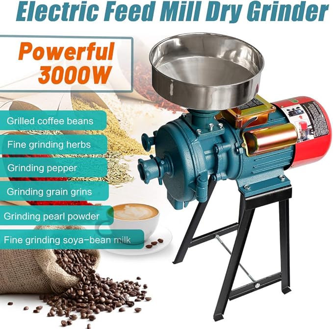 NAIZEA Electric Grain Mill 3000W - Wet Dry Cereals Grinder, Corn Mill, Heavy Duty Commercial Grain Grinder Machine, Wheat Feed Flour Mill With Funnel